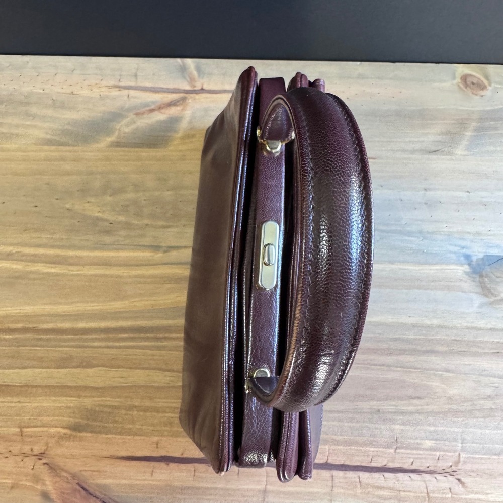 Vintage Italian Leather Frame Bag - Structured Burgundy Top Handle Satchel 70s - Picture 10 of 14